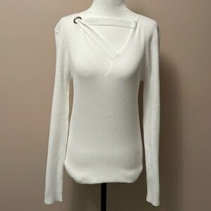 White V-Neck Sweater with Strap Detail
